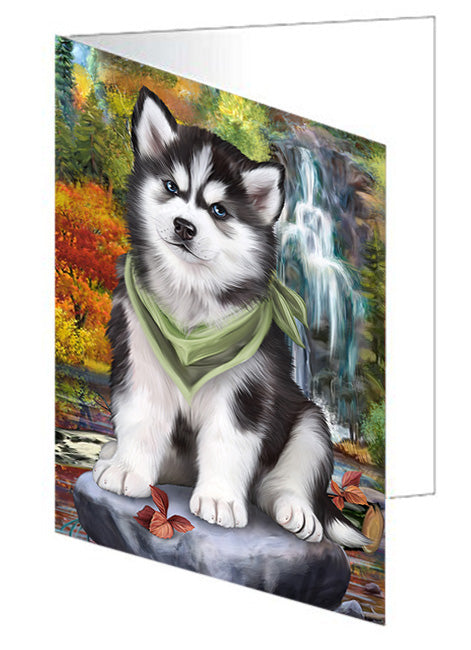 Scenic Waterfall Siberian Husky Dog Handmade Artwork Assorted Pets Greeting Cards and Note Cards with Envelopes for All Occasions and Holiday Seasons GCD52595