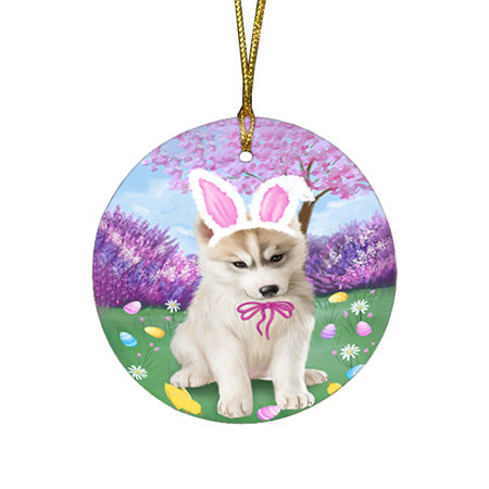 Siberian Husky Dog Easter Holiday Round Flat Christmas Ornament RFPOR49268