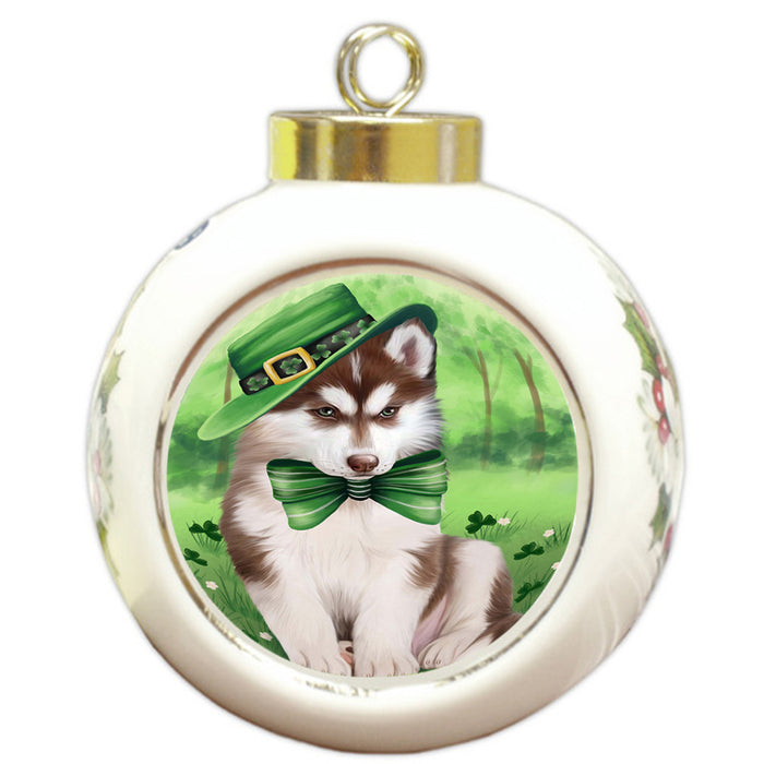 St. Patricks Day Irish Portrait Siberian Husky Dog Round Ball Christmas Ornament RBPOR49411