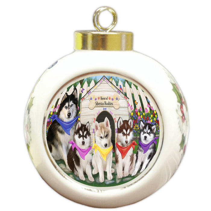 Spring Dog House Siberian Huskies Dog Round Ball Christmas Ornament RBPOR50133