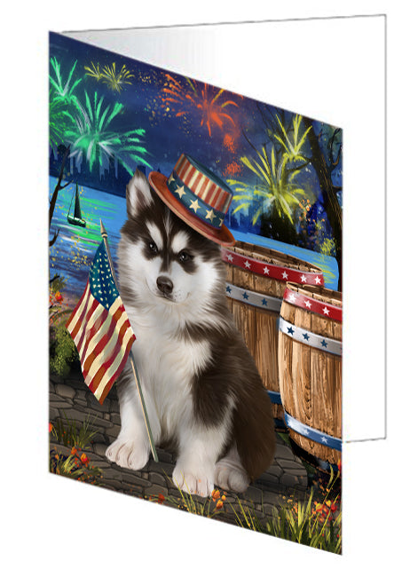 4th of July Independence Day Fireworks Siberian Husky Dog at the Lake Handmade Artwork Assorted Pets Greeting Cards and Note Cards with Envelopes for All Occasions and Holiday Seasons GCD57032