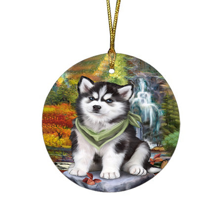 Scenic Waterfall Siberian Husky Dog Round Flat Christmas Ornament RFPOR49547