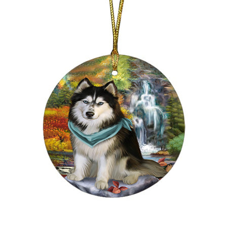 Scenic Waterfall Siberian Husky Dog Round Flat Christmas Ornament RFPOR49548