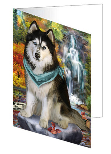 Scenic Waterfall Siberian Husky Dog Handmade Artwork Assorted Pets Greeting Cards and Note Cards with Envelopes for All Occasions and Holiday Seasons GCD52598