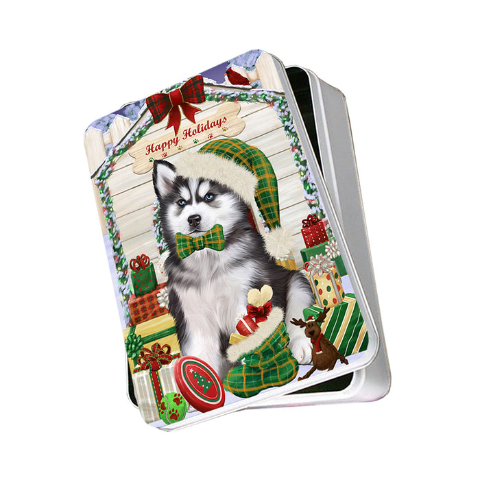 Happy Holidays Christmas Siberian Husky Dog House With Presents Photo Storage Tin PITN51512