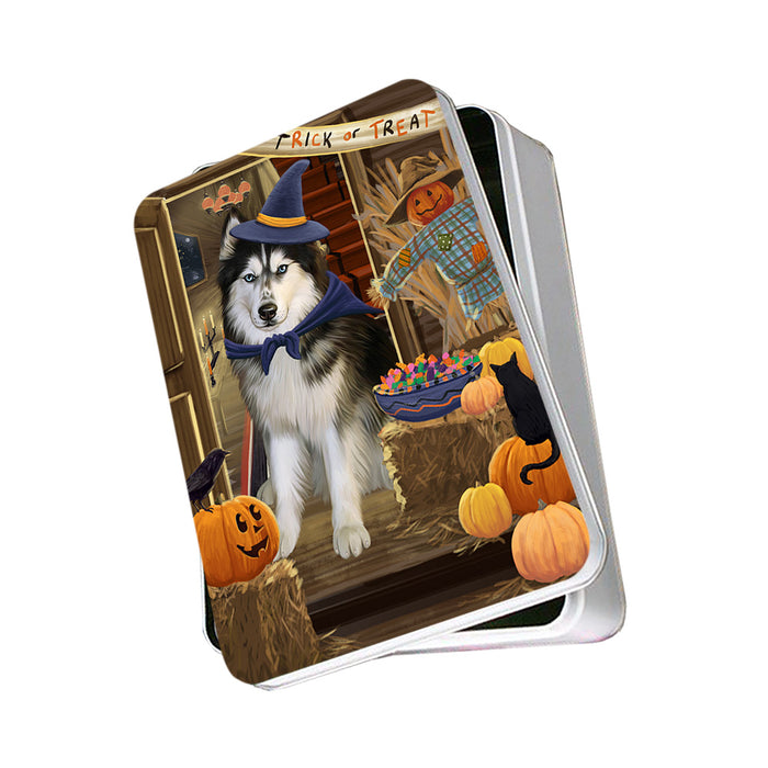 Enter at Own Risk Trick or Treat Halloween Siberian Huskie Dog Photo Storage Tin PITN53299