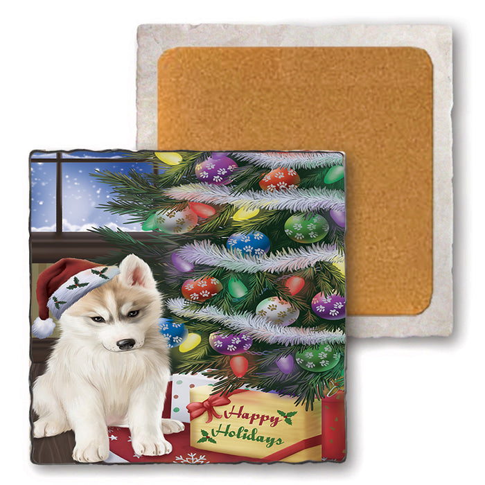 Christmas Happy Holidays Siberian Husky Dog with Tree and Presents Set of 4 Natural Stone Marble Tile Coasters MCST48863