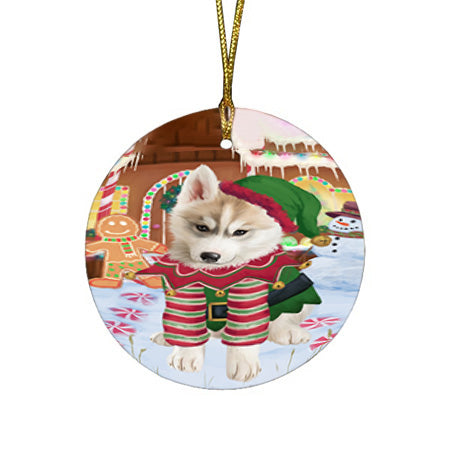 Christmas Gingerbread House Candyfest Siberian Husky Dog Round Flat Christmas Ornament RFPOR56920