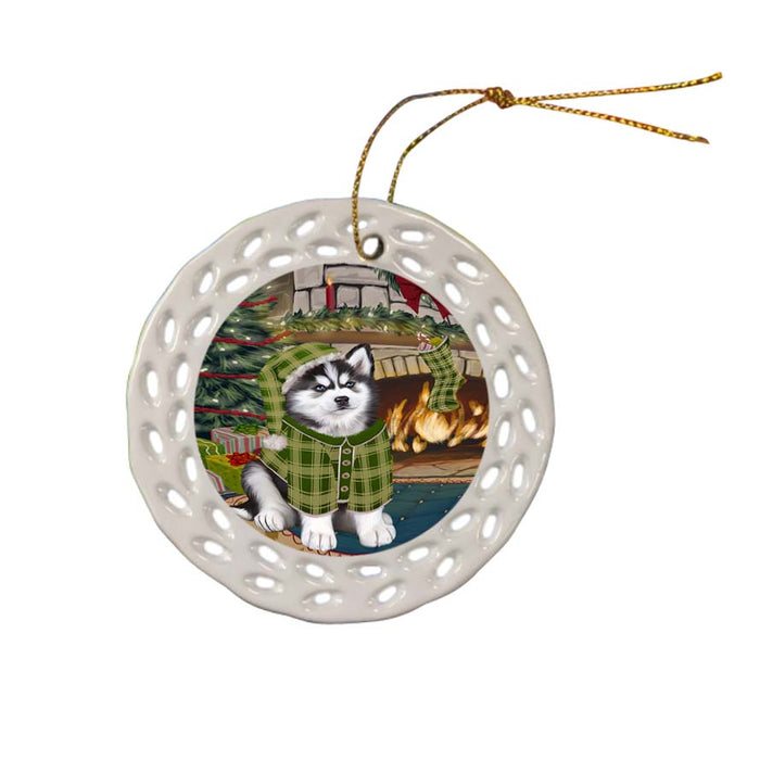 The Stocking was Hung Siberian Husky Dog Ceramic Doily Ornament DPOR55982