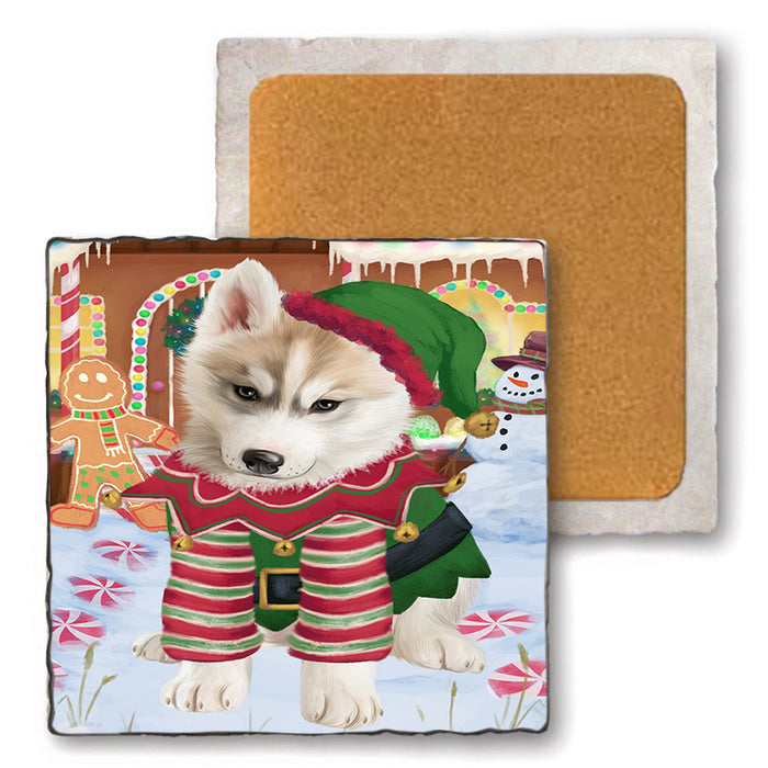 Christmas Gingerbread House Candyfest Siberian Husky Dog Set of 4 Natural Stone Marble Tile Coasters MCST51564