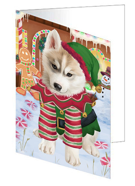 Christmas Gingerbread House Candyfest Siberian Husky Dog Handmade Artwork Assorted Pets Greeting Cards and Note Cards with Envelopes for All Occasions and Holiday Seasons GCD74207
