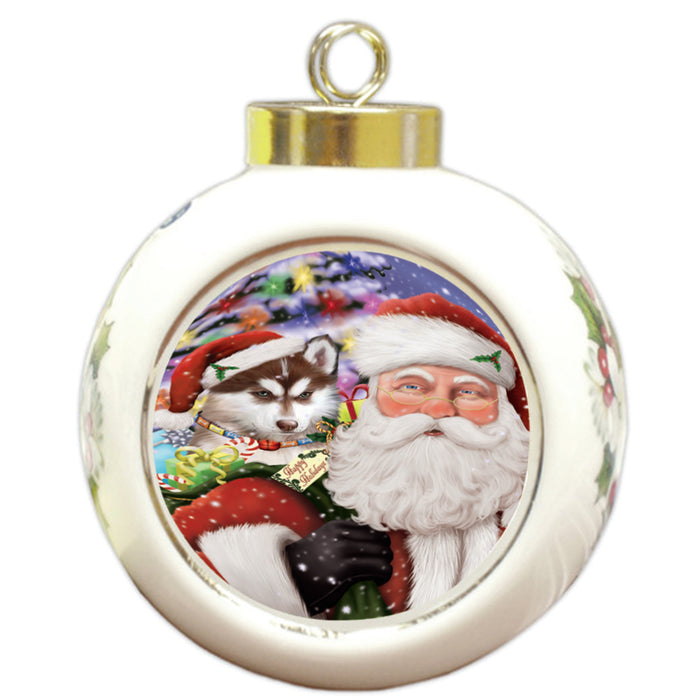 Santa Carrying Siberian Huskie Dog and Christmas Presents Round Ball Christmas Ornament RBPOR54022