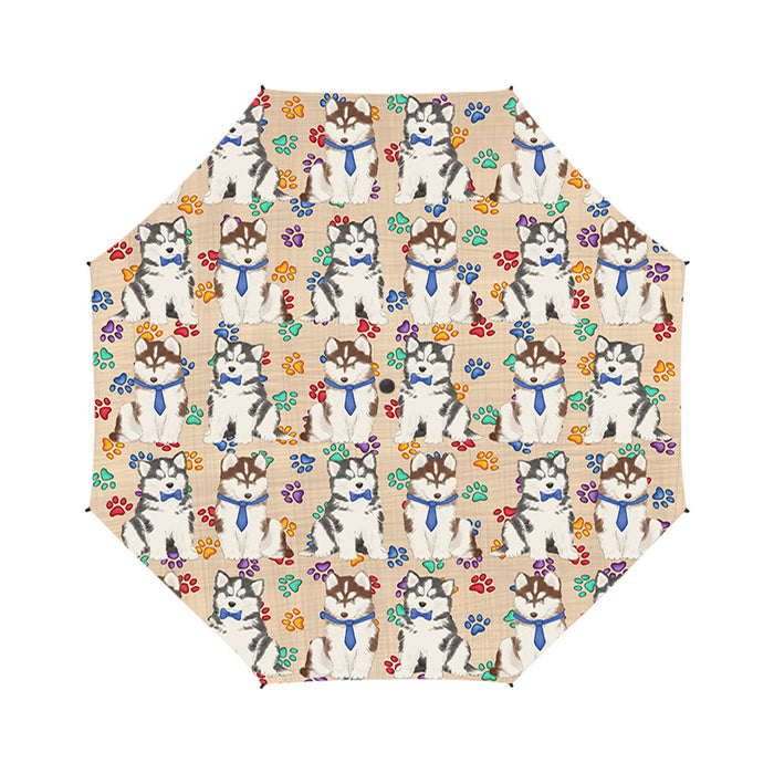 Rainbow Paw Print Siberian Husky Dogs Blue Semi-Automatic Foldable Umbrella