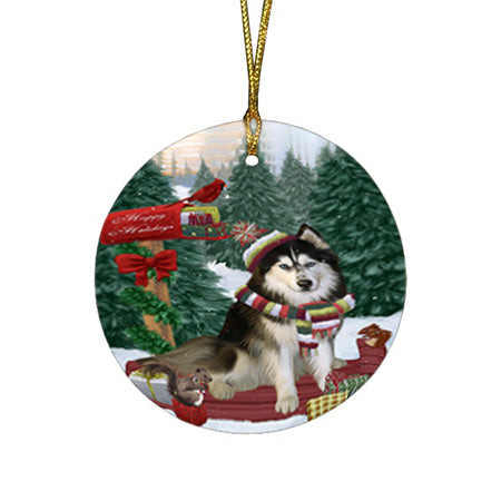Merry Christmas Woodland Sled Siberian Husky Dog Round Flat Christmas Ornament RFPOR55400