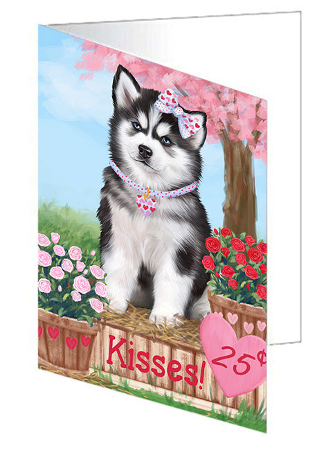 Rosie 25 Cent Kisses Siberian Husky Dog Handmade Artwork Assorted Pets Greeting Cards and Note Cards with Envelopes for All Occasions and Holiday Seasons GCD73232