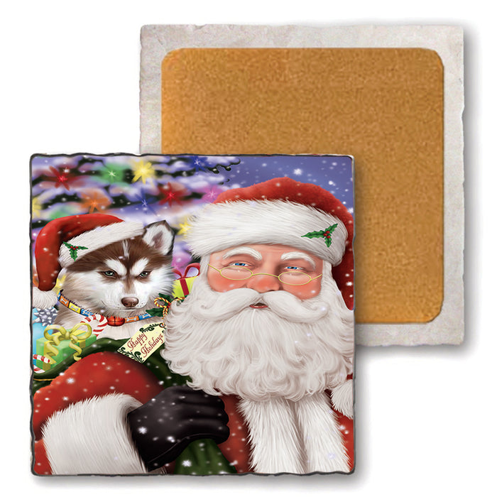 Santa Carrying Siberian Huskie Dog and Christmas Presents Set of 4 Natural Stone Marble Tile Coasters MCST49022