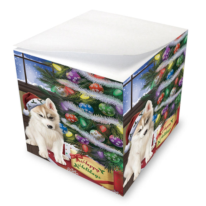 Christmas Happy Holidays Siberian Husky Dog with Tree and Presents Note Cube NOC55509