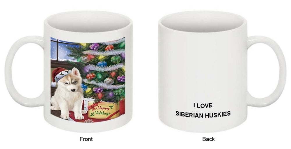 Christmas Happy Holidays Siberian Husky Dog with Tree and Presents Coffee Mug MUG49261