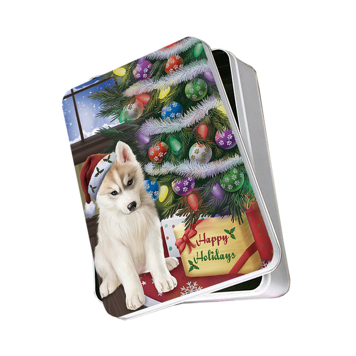 Christmas Happy Holidays Siberian Husky Dog with Tree and Presents Photo Storage Tin PITN53806