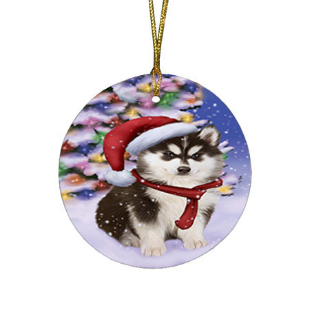 Winterland Wonderland Siberian Huskie Dog In Christmas Holiday Scenic Background  Round Flat Christmas Ornament RFPOR53415