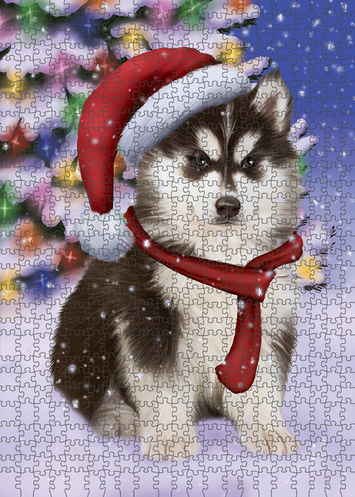 Winterland Wonderland Siberian Husky Dog In Christmas Holiday Scenic Background Puzzle with Photo Tin PUZL80852