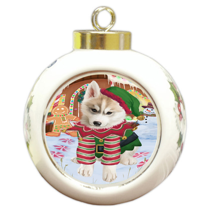 Christmas Gingerbread House Candyfest Siberian Husky Dog Round Ball Christmas Ornament RBPOR56920