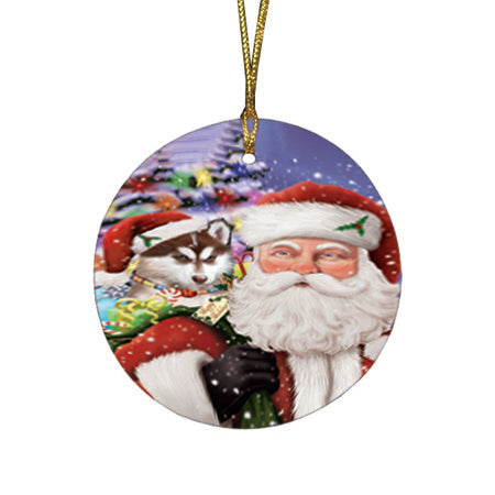 Santa Carrying Siberian Huskie Dog and Christmas Presents Round Flat Christmas Ornament RFPOR54013