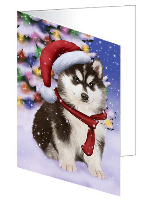 Winterland Wonderland Siberian Husky Dog In Christmas Holiday Scenic Background  Handmade Artwork Assorted Pets Greeting Cards and Note Cards with Envelopes for All Occasions and Holiday Seasons GCD64301