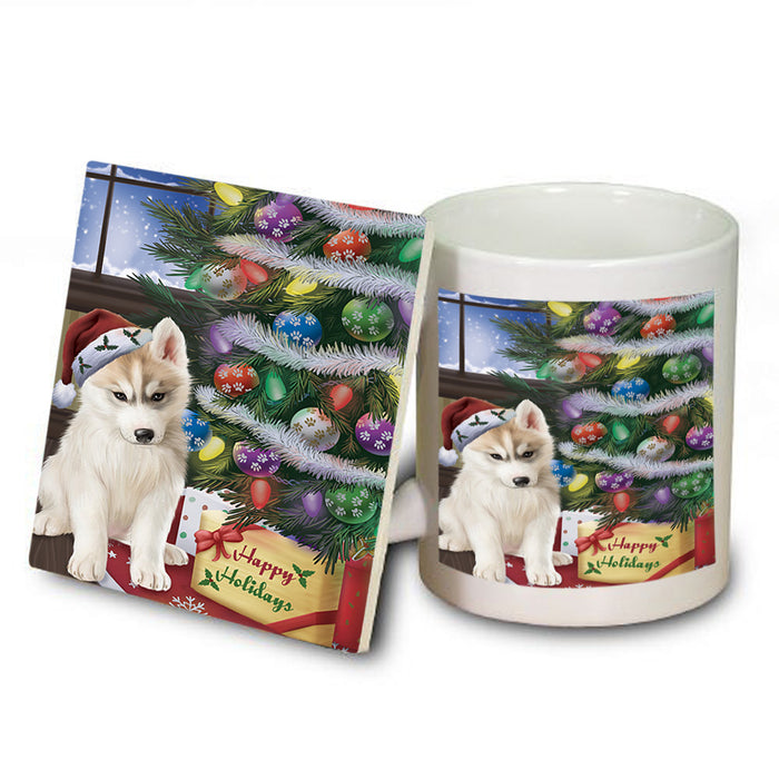 Christmas Happy Holidays Siberian Husky Dog with Tree and Presents Mug and Coaster Set MUC53855
