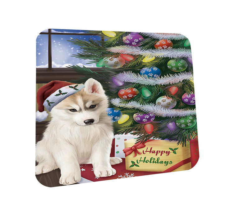 Christmas Happy Holidays Siberian Husky Dog with Tree and Presents Coasters Set of 4 CST53821