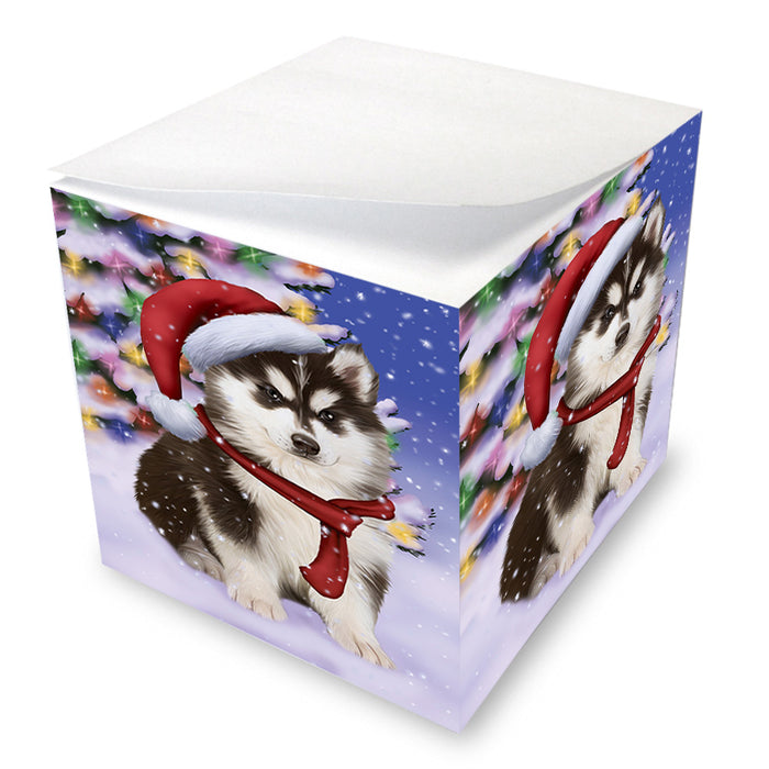 Winterland Wonderland Siberian Huskie Dog In Christmas Holiday Scenic Background Note Cube NOC53424
