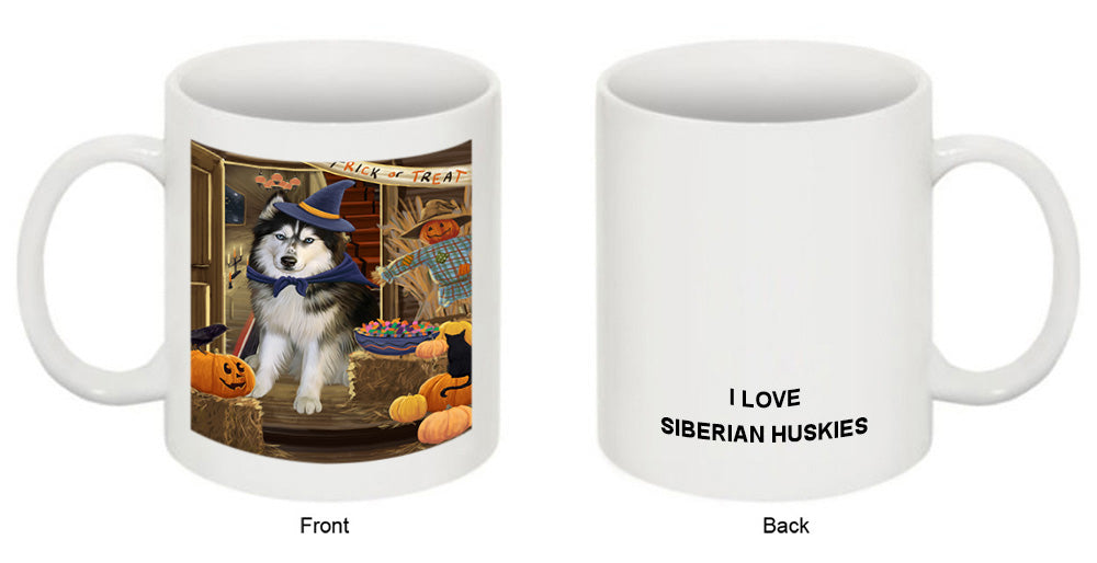 Enter at Own Risk Trick or Treat Halloween Siberian Huskie Dog Coffee Mug MUG48697