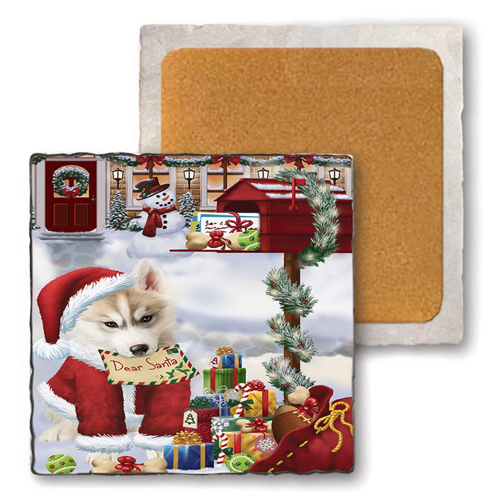 Siberian Husky Dog Dear Santa Letter Christmas Holiday Mailbox Set of 4 Natural Stone Marble Tile Coasters MCST48932