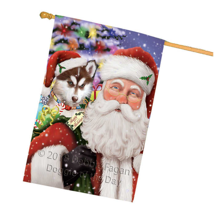 Santa Carrying Siberian Huskie Dog and Christmas Presents House Flag FLG54220