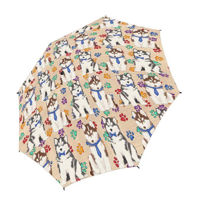 Rainbow Paw Print Siberian Husky Dogs Blue Semi-Automatic Foldable Umbrella