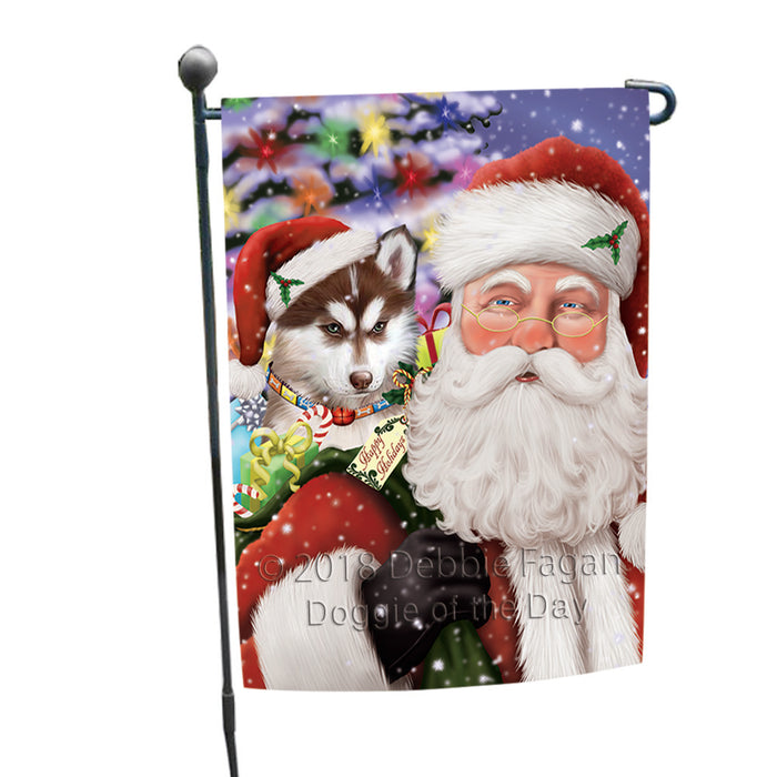 Santa Carrying Siberian Huskie Dog and Christmas Presents Garden Flag GFLG54084