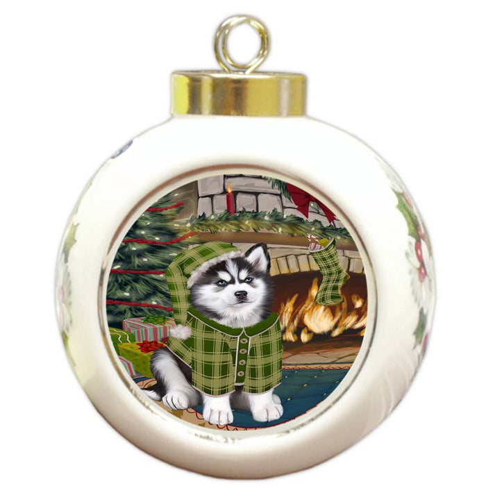The Stocking was Hung Siberian Husky Dog Round Ball Christmas Ornament RBPOR55982