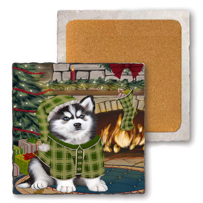 The Stocking was Hung Siberian Husky Dog Set of 4 Natural Stone Marble Tile Coasters MCST50626