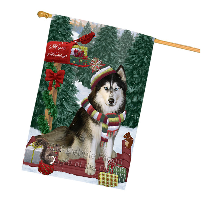Merry Christmas Woodland Sled Siberian Husky Dog House Flag FLG55473