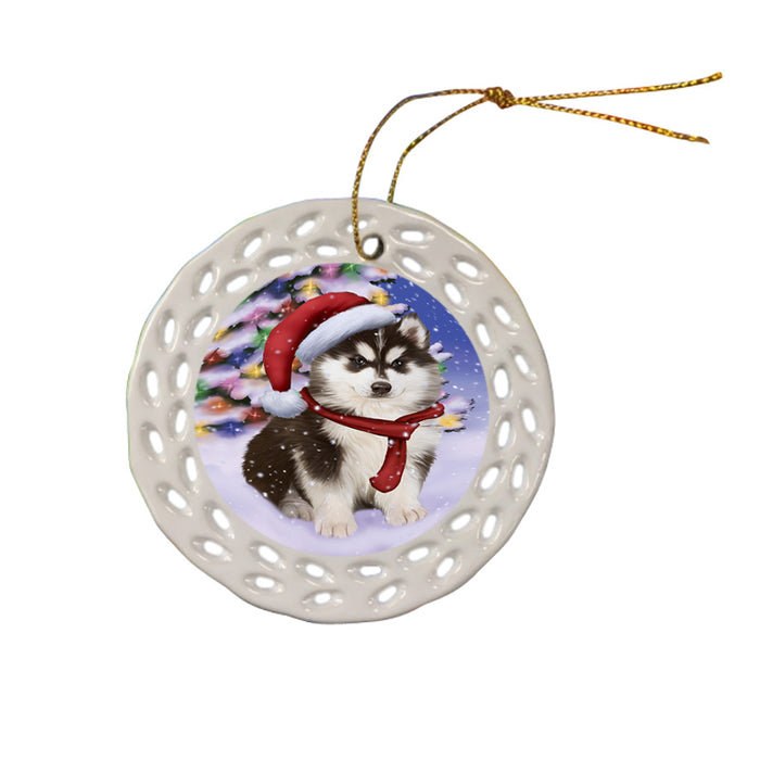 Winterland Wonderland Siberian Huskie Dog In Christmas Holiday Scenic Background  Ceramic Doily Ornament DPOR53424