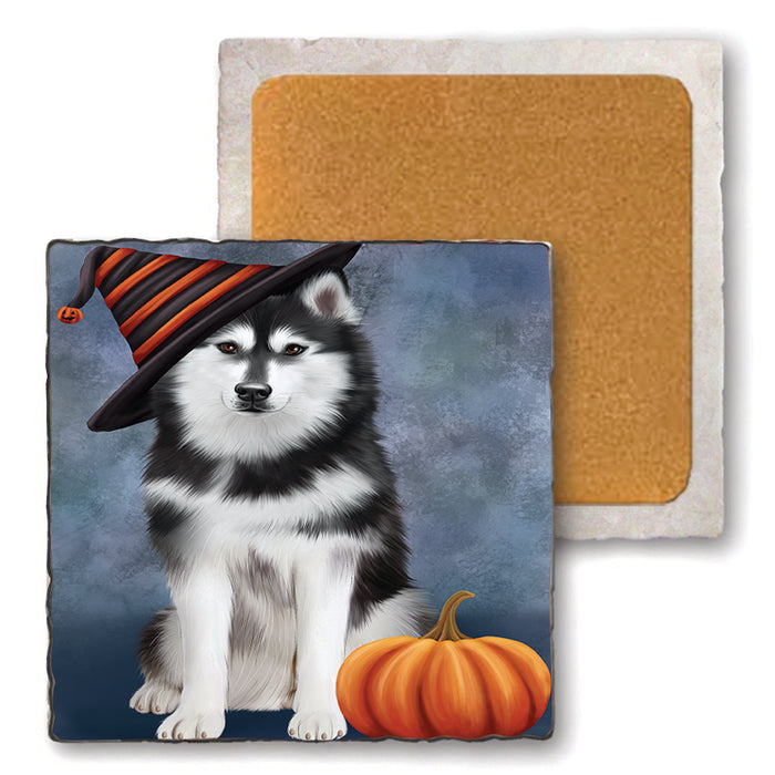 Happy Halloween Siberian Husky Dog Wearing Witch Hat with Pumpkin Set of 4 Natural Stone Marble Tile Coasters MCST49778
