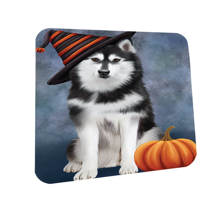 Happy Halloween Siberian Husky Dog Wearing Witch Hat with Pumpkin Coasters Set of 4 CST54736