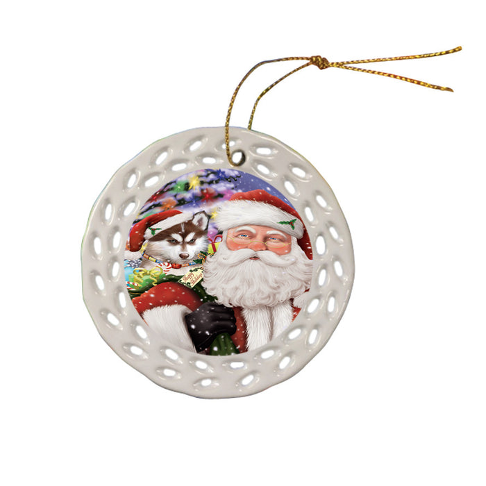 Santa Carrying Siberian Huskie Dog and Christmas Presents Ceramic Doily Ornament DPOR54022