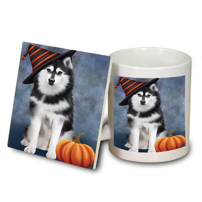Happy Halloween Siberian Husky Dog Wearing Witch Hat with Pumpkin Mug and Coaster Set MUC54770