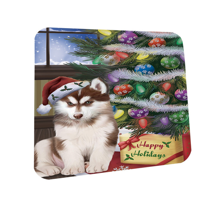 Christmas Happy Holidays Siberian Husky Dog with Tree and Presents Coasters Set of 4 CST53822
