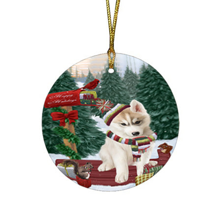 Merry Christmas Woodland Sled Siberian Husky Dog Round Flat Christmas Ornament RFPOR55401