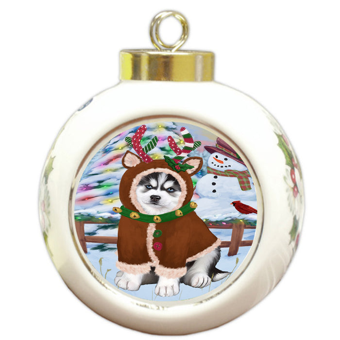 Christmas Gingerbread House Candyfest Siberian Husky Dog Round Ball Christmas Ornament RBPOR56921
