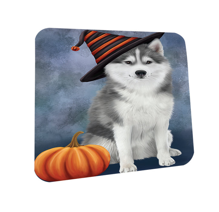 Happy Halloween Siberian Husky Dog Wearing Witch Hat with Pumpkin Coasters Set of 4 CST54737