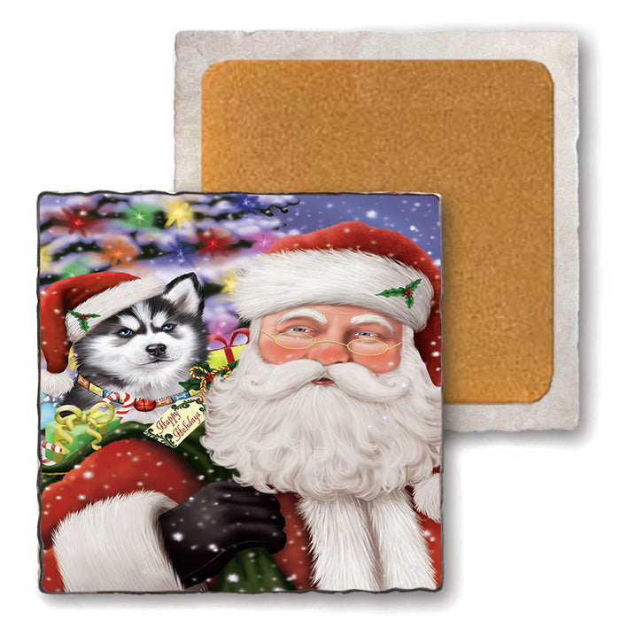 Santa Carrying Siberian Huskie Dog and Christmas Presents Set of 4 Natural Stone Marble Tile Coasters MCST49023