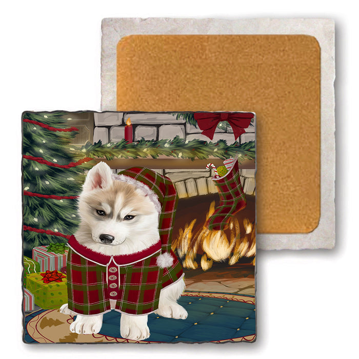 The Stocking was Hung Siberian Husky Dog Set of 4 Natural Stone Marble Tile Coasters MCST50627